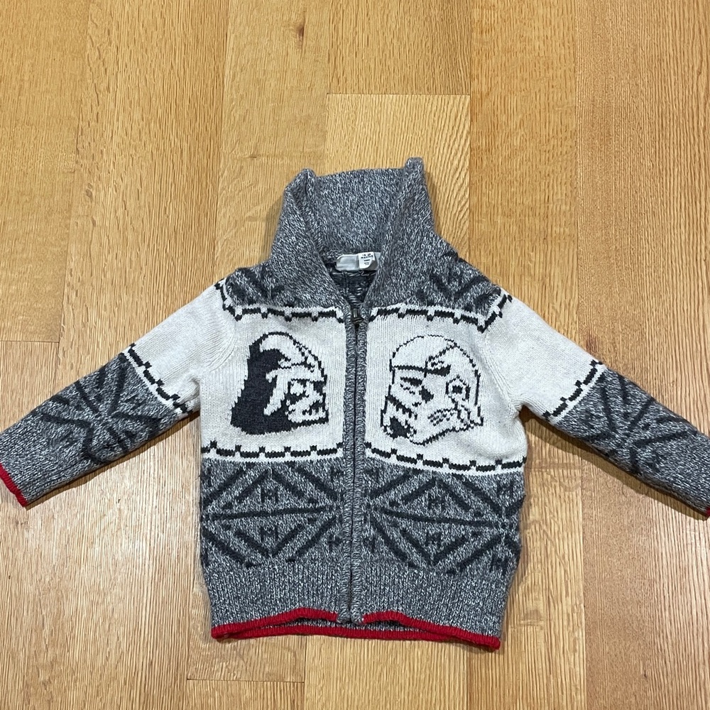 GAP Gray White and Red Star Wars Zip-Up Knit Sweater